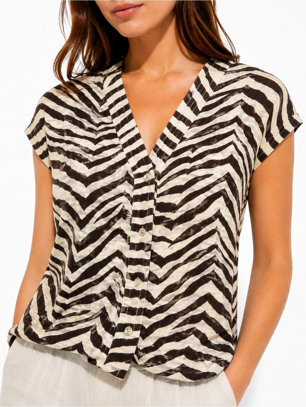 Tahari 100% Linen Zebra Print Button Front Blouse Top Brown Ivory Medium EUC